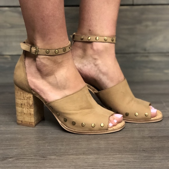 Genuine Leather Studs Cork Heel Peep Toe Sandals - Picture 2 of 6